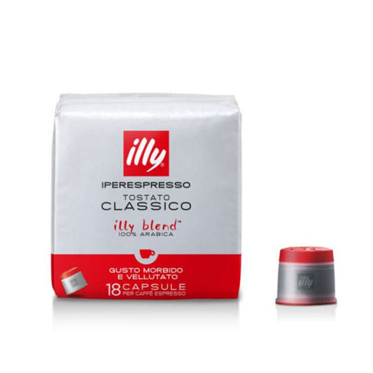 Afbeelding (18 stuks) Iperespresso capsules, normale branding espressokoffie. De Classico is perfect uitgebalanceerd tussen zuur en bitterheid. De illy-blend met een noot van bloemen en tonen van geroosterd brood, karamel en chocolade. Geniet van de harmonische en zachte smaak in jouw koffiekopje. Staffelkorting: Koop 2 dozen voor € 53,42 en bespaar 3%, Koop 4 dozen voor € 51,78 en bespaar 6%, Koop 8 dozen voor € 50,67 en bespaar 8%