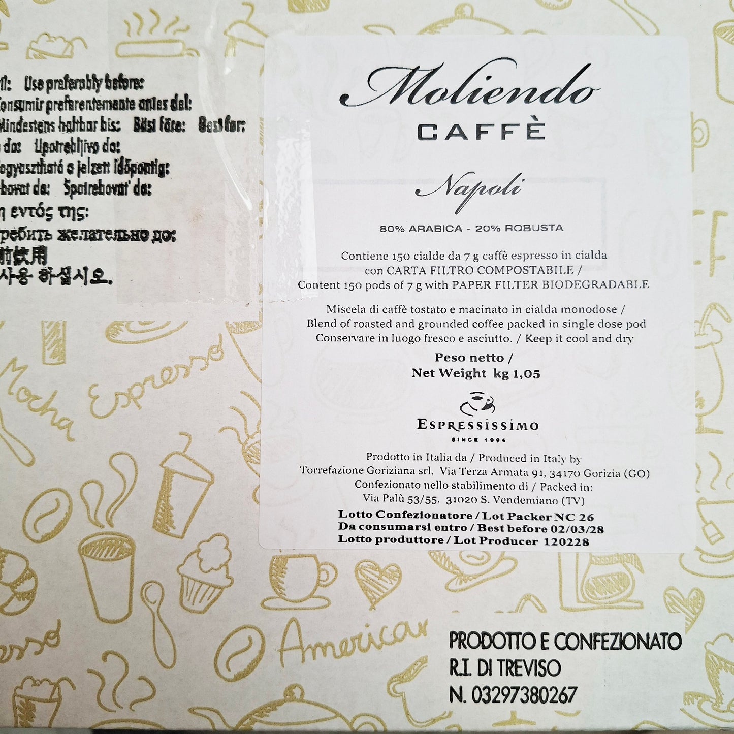 Etiket Moliendo Caffè Napoli E.S.E. servings, 80% Arabica 20% Robusta, 150 cialde van 7 gram