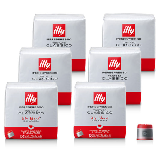 Omdoos 6 x 18 (108 stuks) Iperespresso capsules, normale branding espressokoffie. De Classico is perfect uitgebalanceerd tussen zuur en bitterheid. De illy-blend met een noot van bloemen en tonen van geroosterd brood, karamel en chocolade. Geniet van de harmonische en zachte smaak in jouw koffiekopje. Staffelkorting: Koop 2 dozen voor € 53,42 en bespaar 3%, Koop 4 dozen voor € 51,78 en bespaar 6%, Koop 8 dozen voor € 50,67 en bespaar 8%