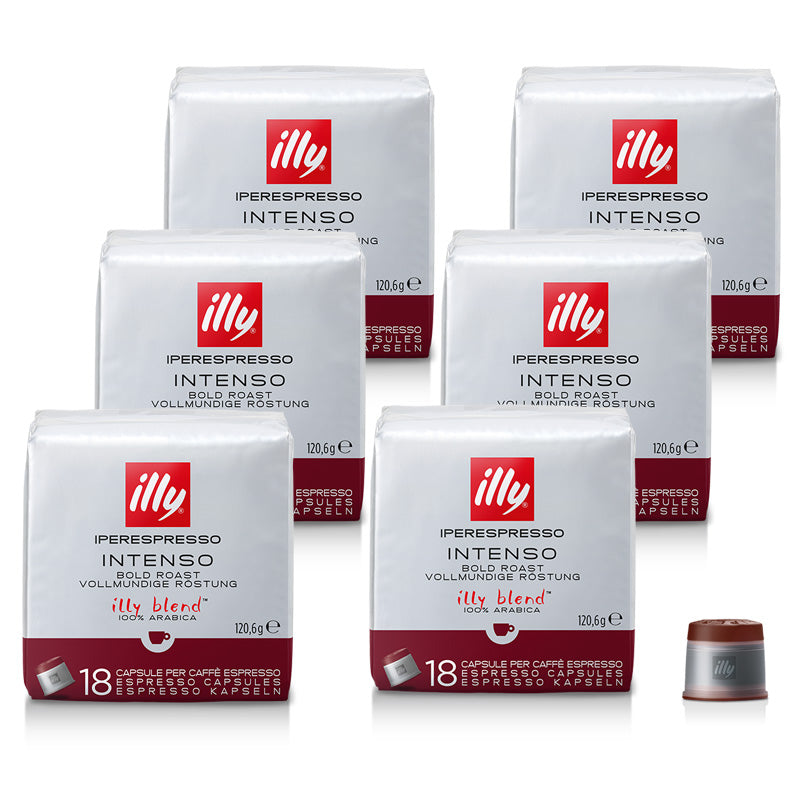 Koffiecapsules INTENSO voor jouw Iperespresso koffiemachine van illy  Intense Aromatische Tonen  De Intenso valt op door zijn subtiele bitterheid en geeft de koffie een stevig karakter met nuances van chocolade en geroosterd brood. Ideaal voor diegenen die de voorkeur geven aan een krachtige en intense smaakervaring.  Een verpakking bevat 6x18 Iperespresso koffiecapsules, donkere branding, espressomaling.