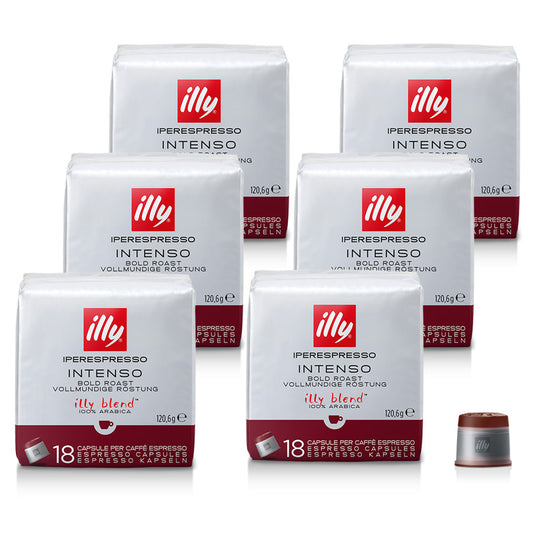 Koffiecapsules INTENSO voor jouw Iperespresso koffiemachine van illy  Intense Aromatische Tonen  De Intenso valt op door zijn subtiele bitterheid en geeft de koffie een stevig karakter met nuances van chocolade en geroosterd brood. Ideaal voor diegenen die de voorkeur geven aan een krachtige en intense smaakervaring.  Een verpakking bevat 6x18 Iperespresso koffiecapsules, donkere branding, espressomaling.