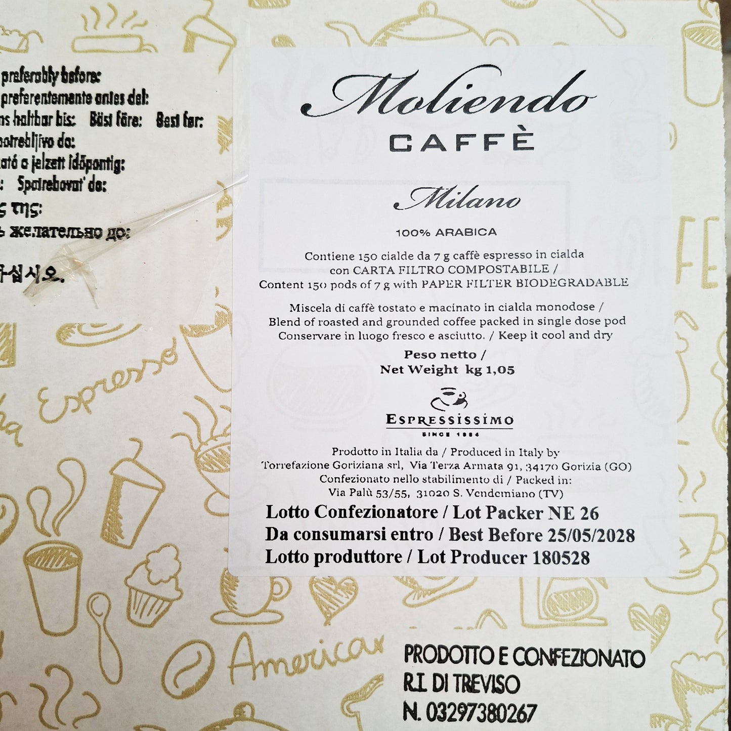Etiket Moliendo Caffè Milano E.S.E. servings, 100% Arabica, 150 cialde van 7 gram