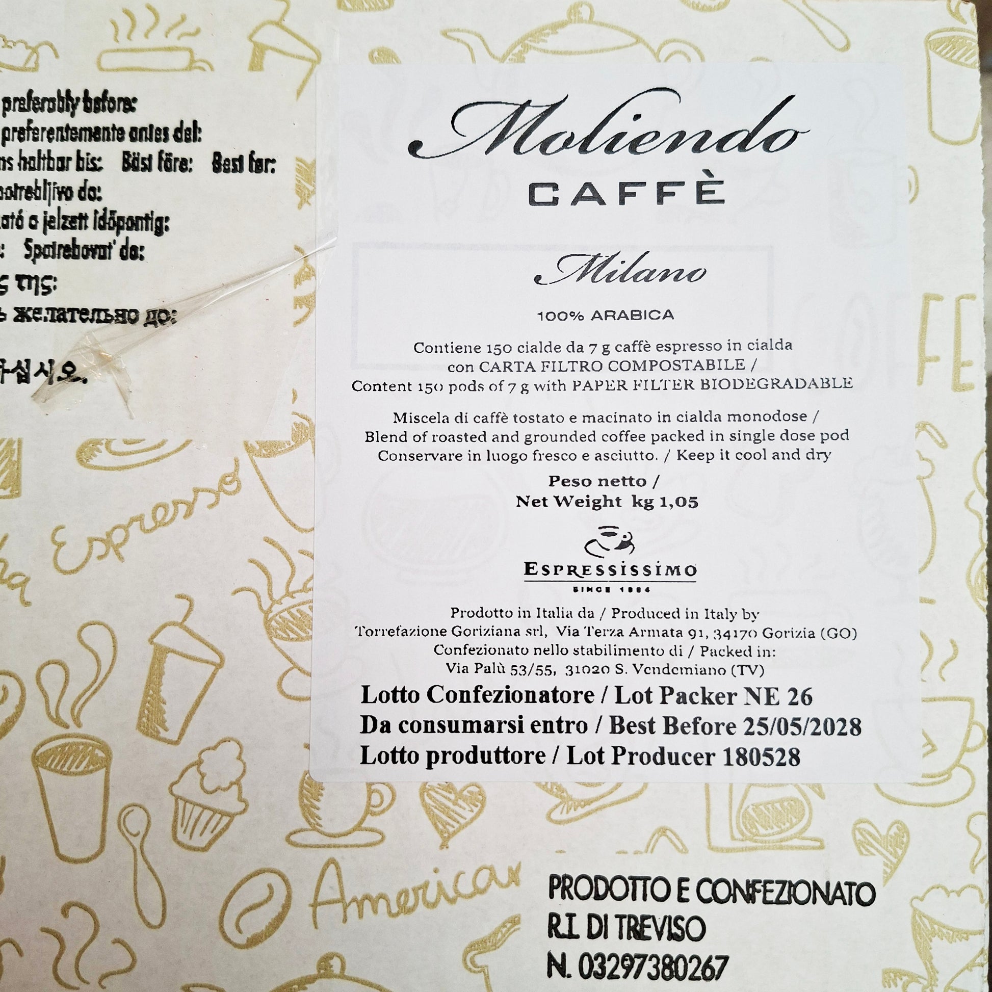 Etiket Moliendo Caffè Milano E.S.E. servings, 100% Arabica, 150 cialde van 7 gram