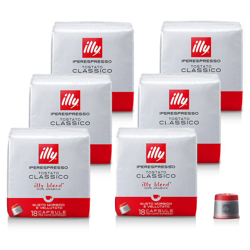 Omdoos 6 x 18 (108 stuks) Iperespresso capsules, normale branding espressokoffie. De Classico is perfect uitgebalanceerd tussen zuur en bitterheid. De illy-blend met een noot van bloemen en tonen van geroosterd brood, karamel en chocolade. Geniet van de harmonische en zachte smaak in jouw koffiekopje. Staffelkorting: Koop 2 dozen voor € 53,42 en bespaar 3%, Koop 4 dozen voor € 51,78 en bespaar 6%, Koop 8 dozen voor € 50,67 en bespaar 8%